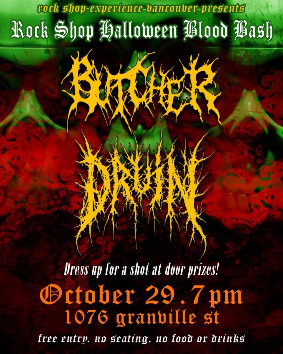 Druin and Butcher bring heavy metal mayhem to Vancouver’s Rock Shop Halloween Blood Bash on October 29, 2026. Free all-ages show featuring live metal, Halloween costumes, and door prizes.